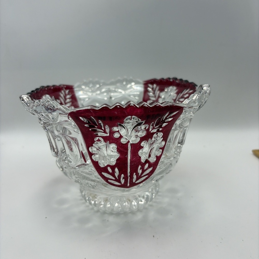 Anna Hutte Bleikristall Ruby Red and Clear Crystal 4"T‎ Candy Dish Bowl, Zigzag